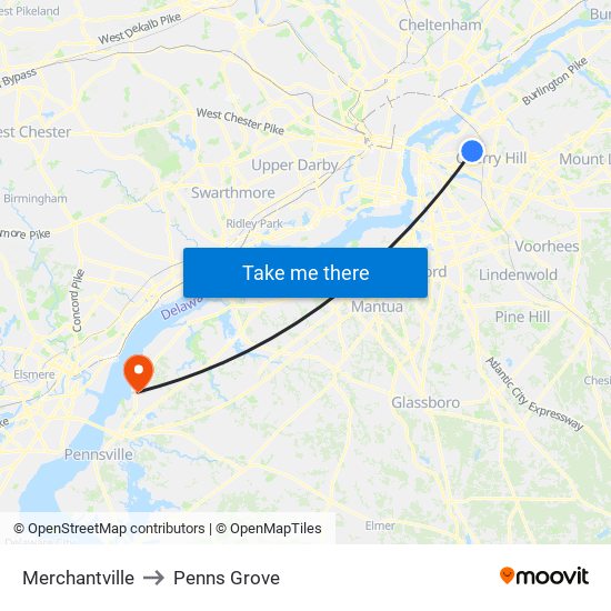 Merchantville to Penns Grove map