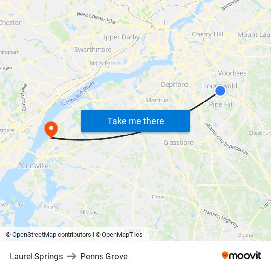 Laurel Springs to Penns Grove map
