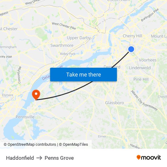 Haddonfield to Penns Grove map