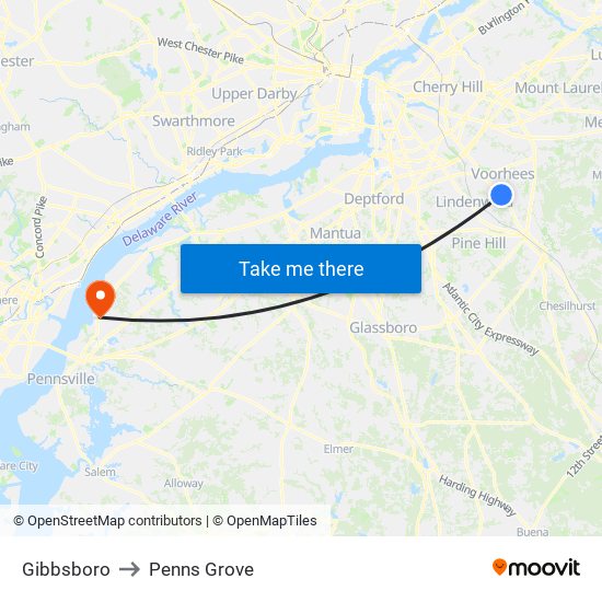 Gibbsboro to Penns Grove map