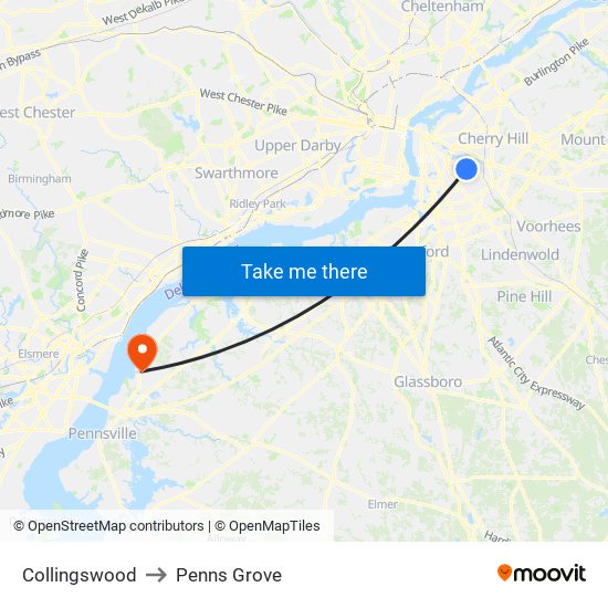 Collingswood to Penns Grove map
