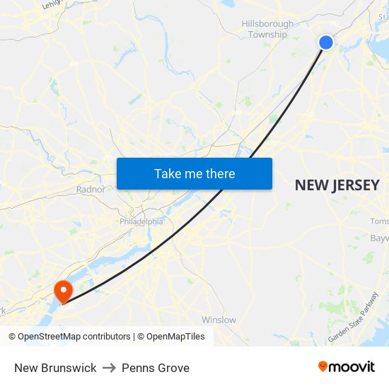 New Brunswick to Penns Grove map