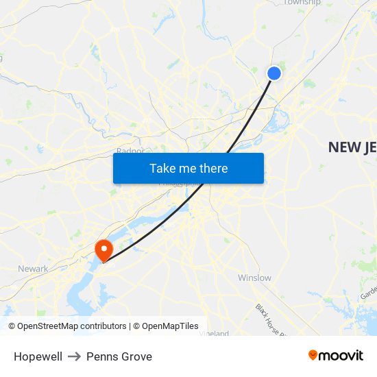Hopewell to Penns Grove map