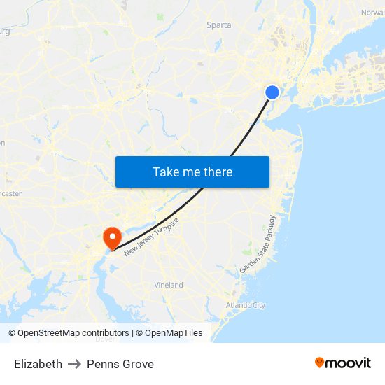 Elizabeth to Penns Grove map