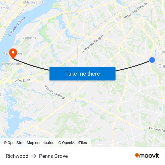 Richwood to Penns Grove map