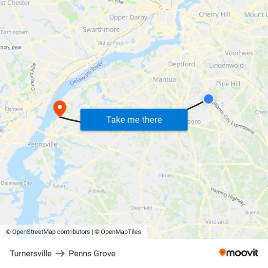 Turnersville to Penns Grove map