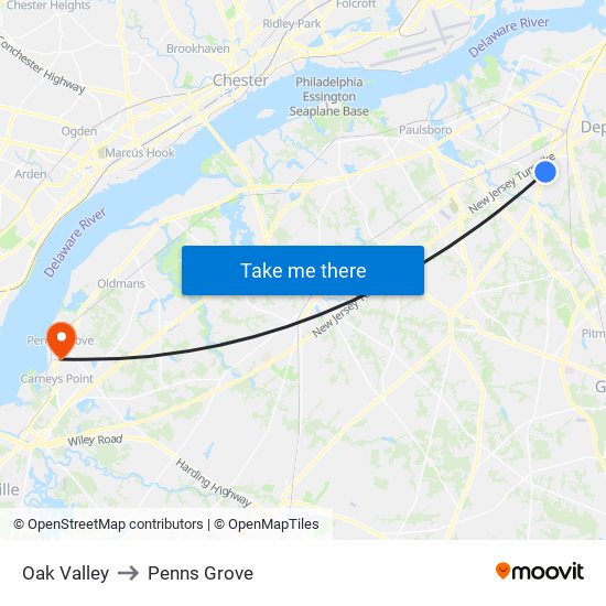 Oak Valley to Penns Grove map
