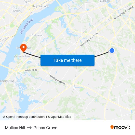 Mullica Hill to Penns Grove map