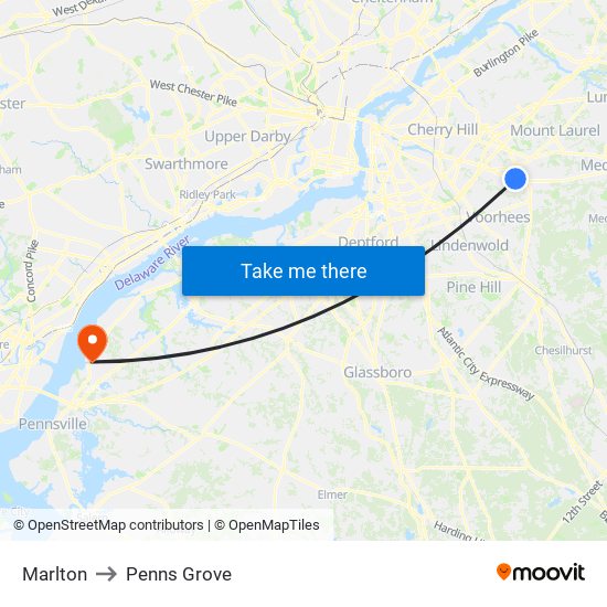 Marlton to Penns Grove map