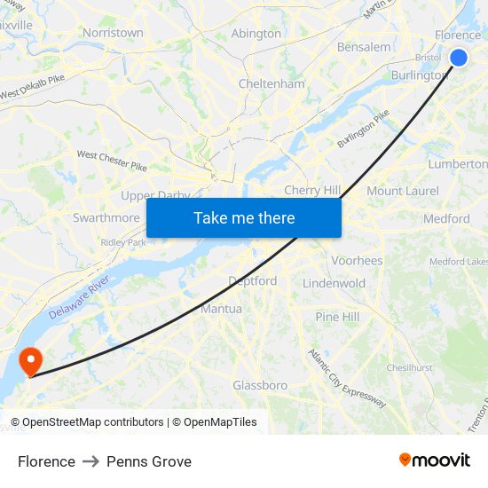 Florence to Penns Grove map