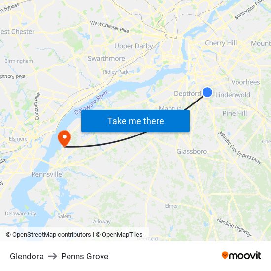 Glendora to Penns Grove map