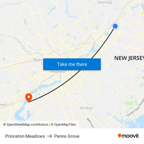 Princeton Meadows to Penns Grove map