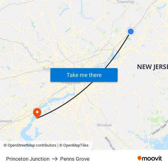 Princeton Junction to Penns Grove map