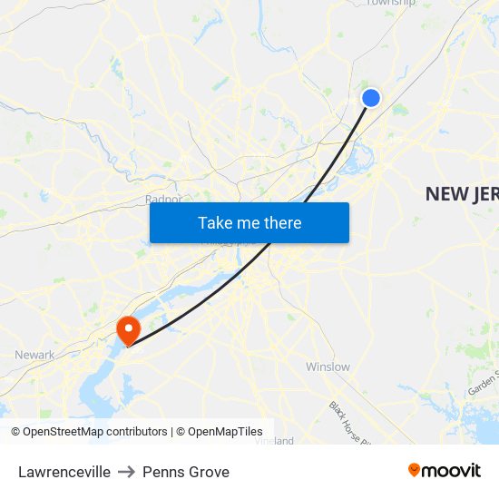 Lawrenceville to Penns Grove map