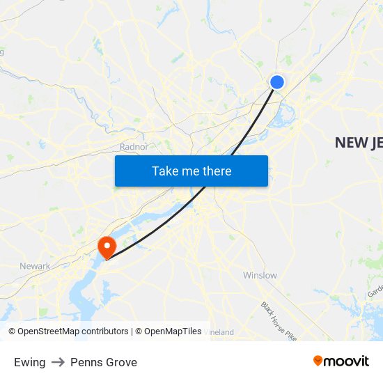 Ewing to Penns Grove map