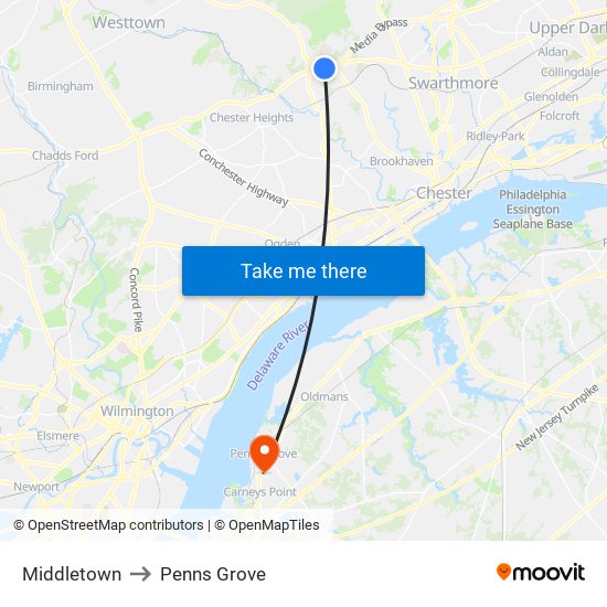 Middletown to Penns Grove map