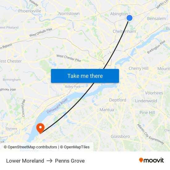 Lower Moreland to Penns Grove map