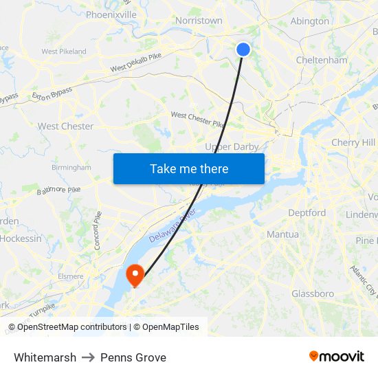 Whitemarsh to Penns Grove map