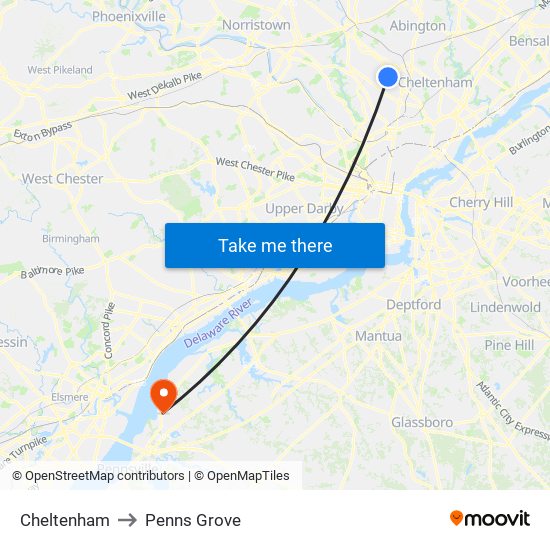 Cheltenham to Penns Grove map