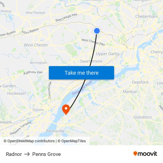 Radnor to Penns Grove map