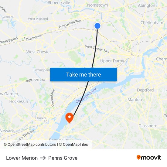 Lower Merion to Penns Grove map