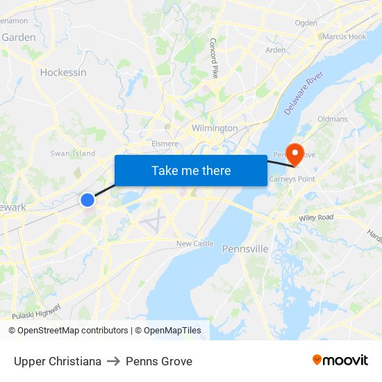 Upper Christiana to Penns Grove map