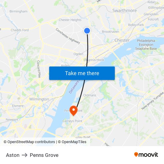 Aston to Penns Grove map