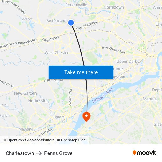 Charlestown to Penns Grove map