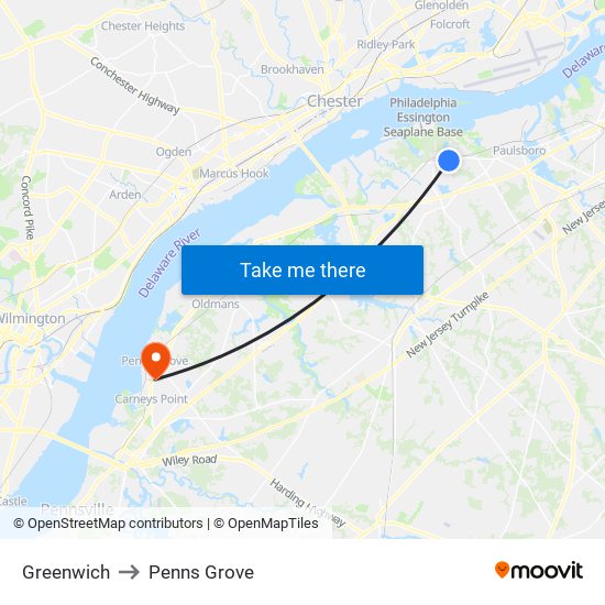 Greenwich to Penns Grove map
