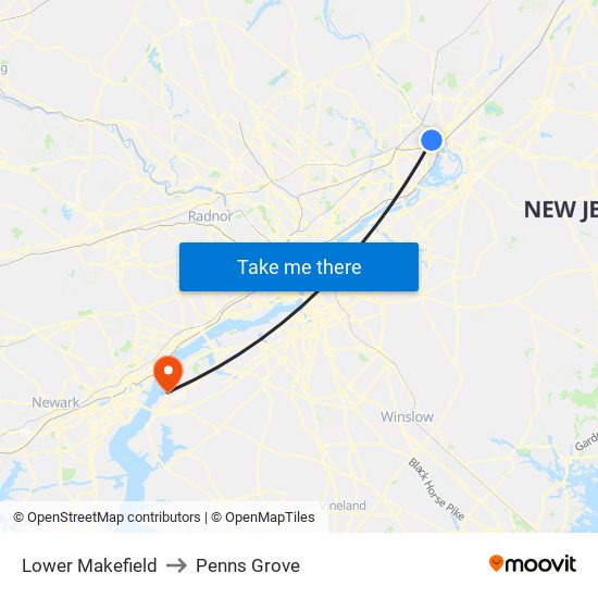 Lower Makefield to Penns Grove map