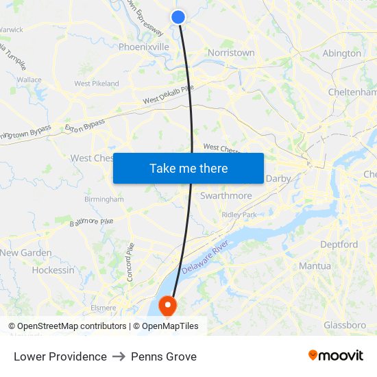 Lower Providence to Penns Grove map