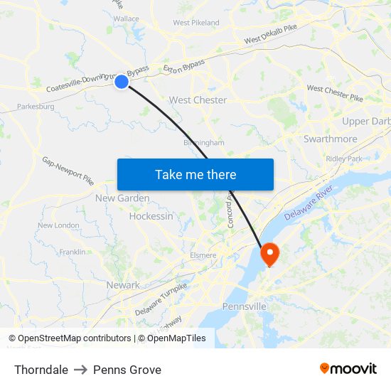 Thorndale to Penns Grove map