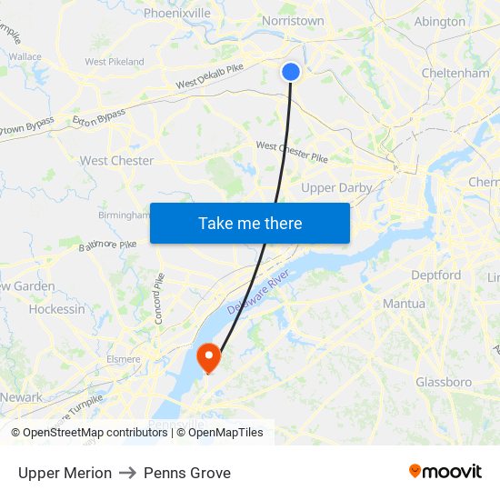 Upper Merion to Penns Grove map