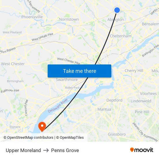 Upper Moreland to Penns Grove map