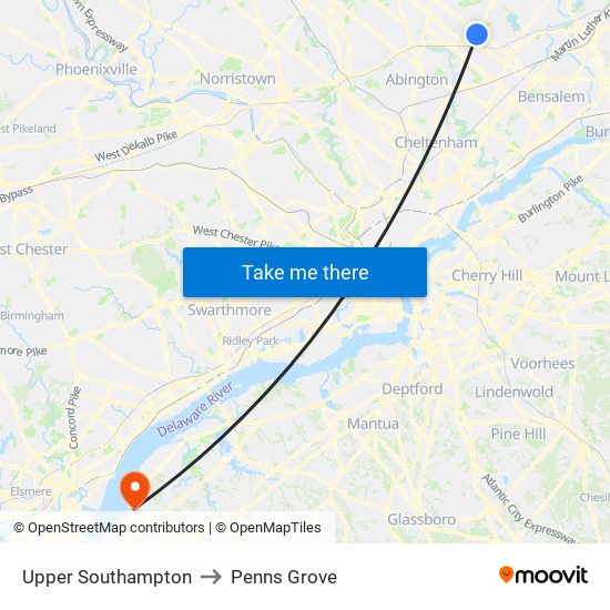 Upper Southampton to Penns Grove map