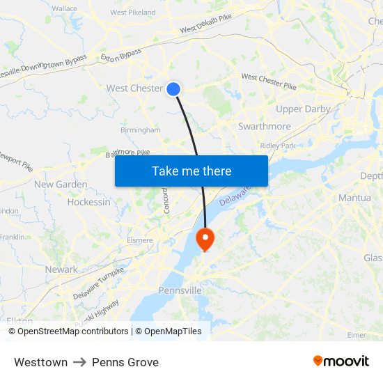 Westtown to Penns Grove map
