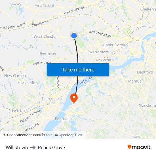 Willistown to Penns Grove map