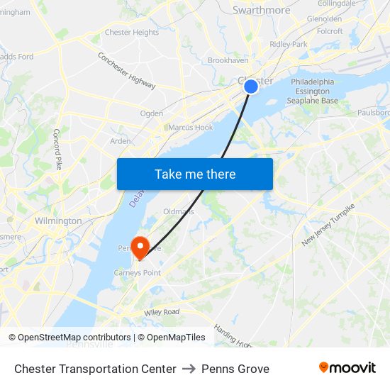 Chester Transportation Center to Penns Grove map