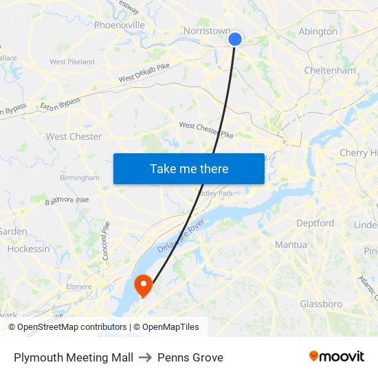 Plymouth Meeting Mall to Penns Grove map