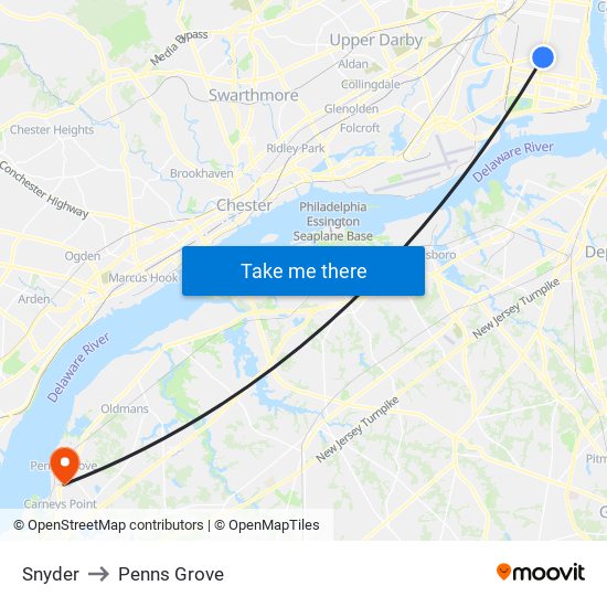 Snyder to Penns Grove map