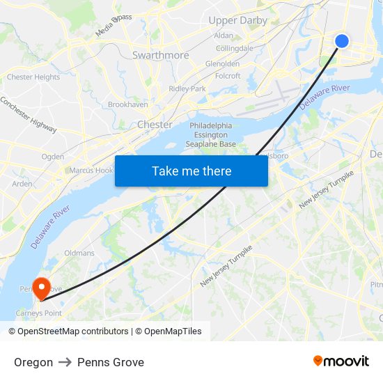 Oregon to Penns Grove map