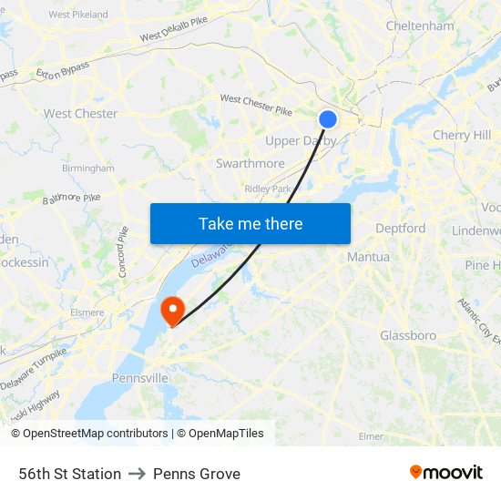 56th St Station to Penns Grove map