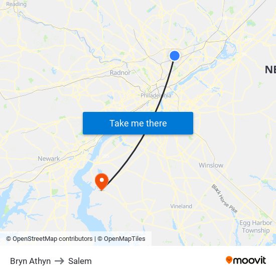 Bryn Athyn to Salem map