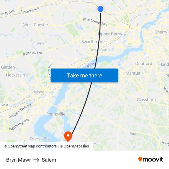 Bryn Mawr to Salem map