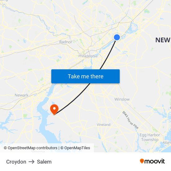 Croydon to Salem map