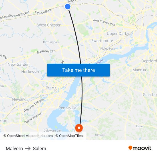 Malvern to Salem map