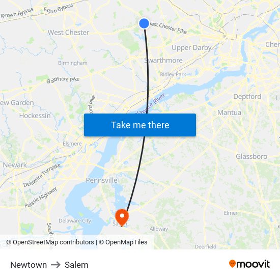 Newtown to Salem map