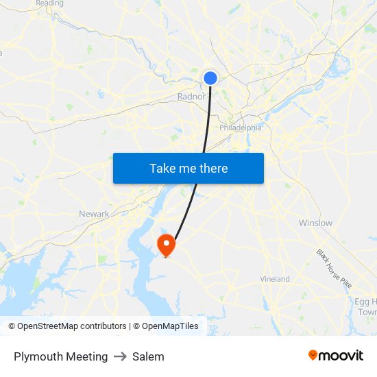 Plymouth Meeting to Salem map