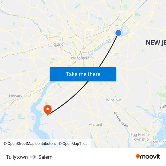 Tullytown to Salem map
