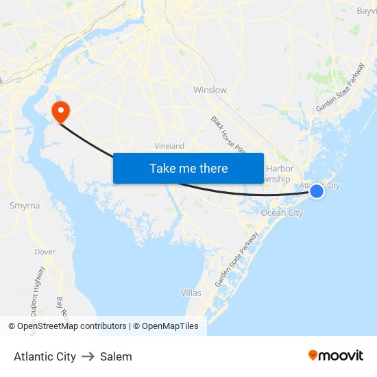 Atlantic City to Salem map